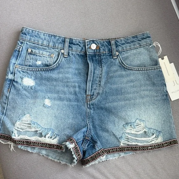 Anthropologie Pilcro Distressed Blue Jean Shorts with Embroidered Hem - Picture 4 of 13